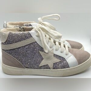 Steve Madden Redding Womens9M Blush Gray Silver Glitter Star Mid Sneakers Sporty